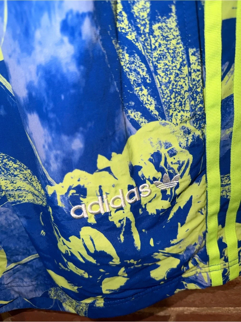 Adidas Men’s Blue & Neon Green Floral Swim Trunks Athletic Shorts